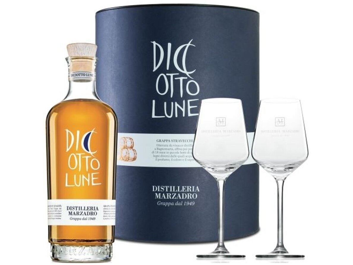 Grappa Marzadro Diciotto Lune su taurėm 0,5 l Grappa Marzadro Diciotto Lune su taurėm 0,5 l