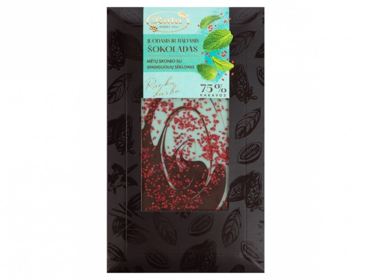 Juodasis ir baltasis mėtų skonio šokoladas Rūta su spanguolių sėklomis 100 g