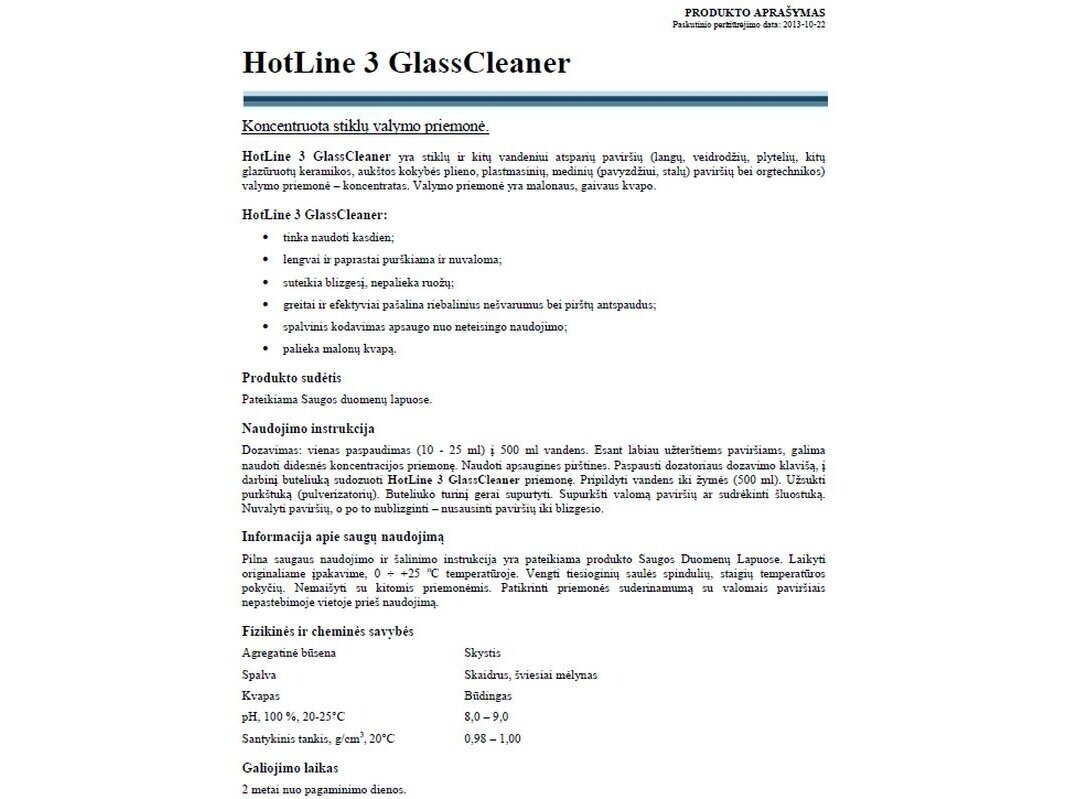 Koncentruotas stiklų valiklis HotLine 3 Glass Cleaner 1 l 1 Koncentruotas stiklų valiklis HotLine 3 Glass Cleaner 1 l 1