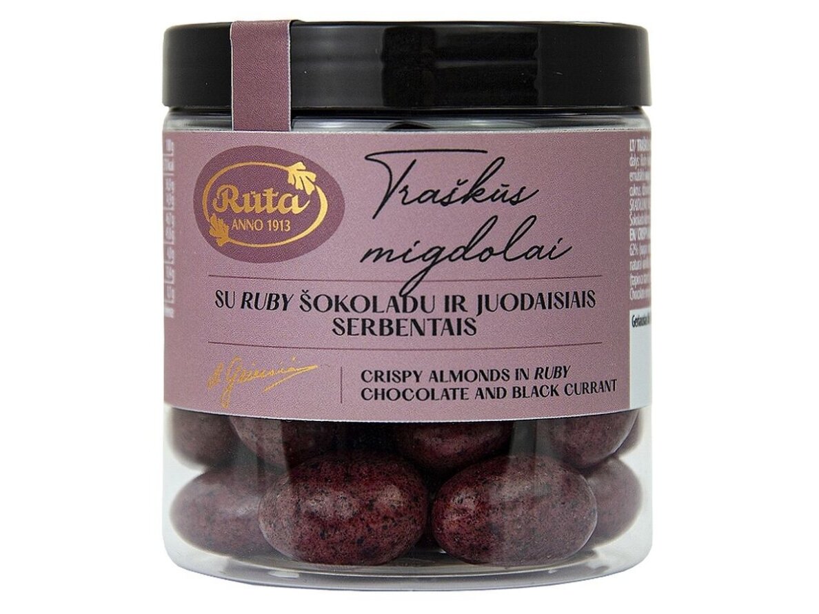 Saldainiai Rūta Dražė traškūs migdolai su Ruby šokoladu ir juodaisiais serbentais 120 g
