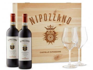 Vynas Frescobaldi Nipozzano Chianti Rufina Riserva D.O.C.G. (2 but. ir  2 taur.) su dėž. 0,75 l
